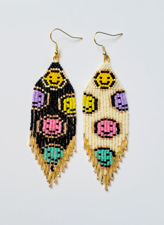 Smiley Face Earrings in Black & Cream