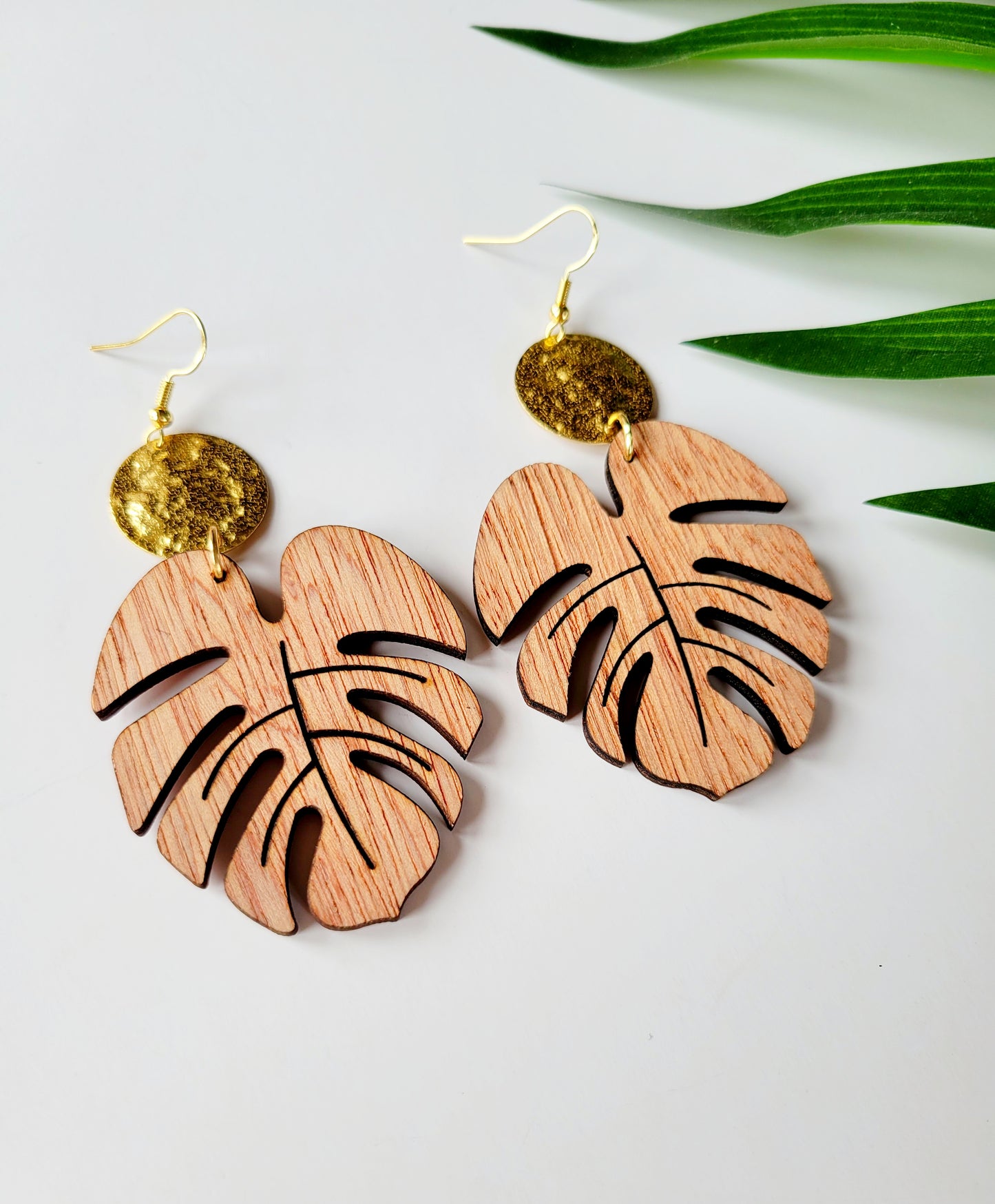 Wooden Monstera Earrings