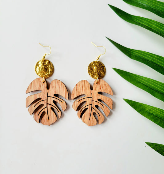 Wooden Monstera Earrings