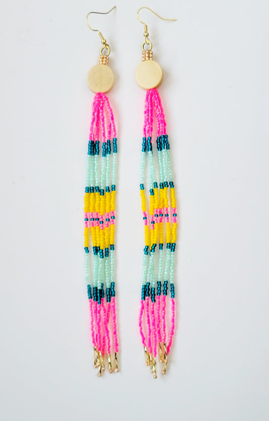 Wooden & Bead Earrings in Flamingo