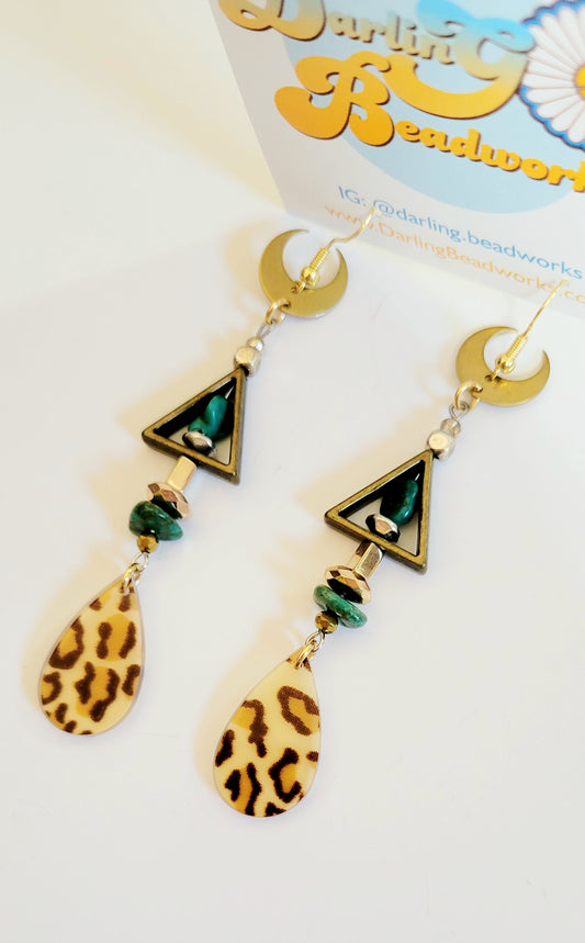 Leopard & Turquoise Brass Earrings